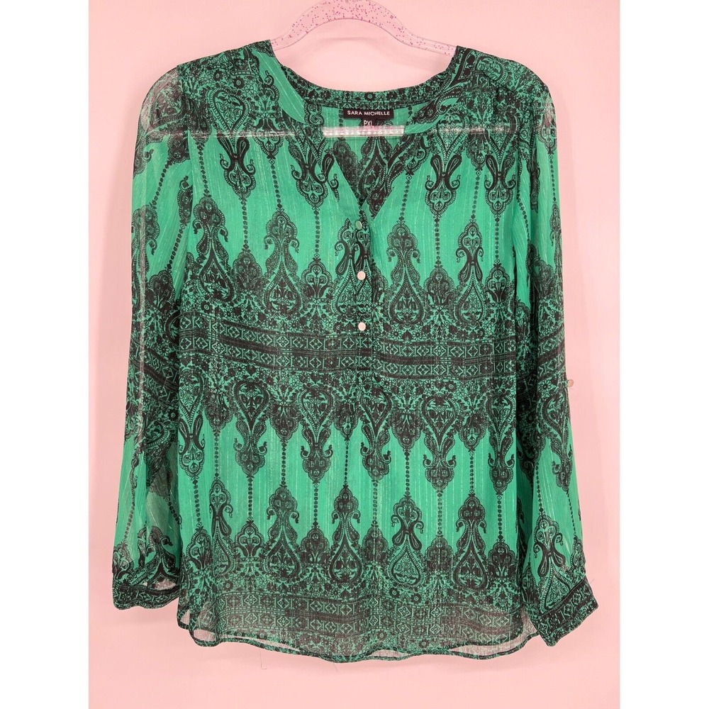 Sara Michelle Paisley‎ Blouse Sheer Long Sleeve Button Green Black PXL